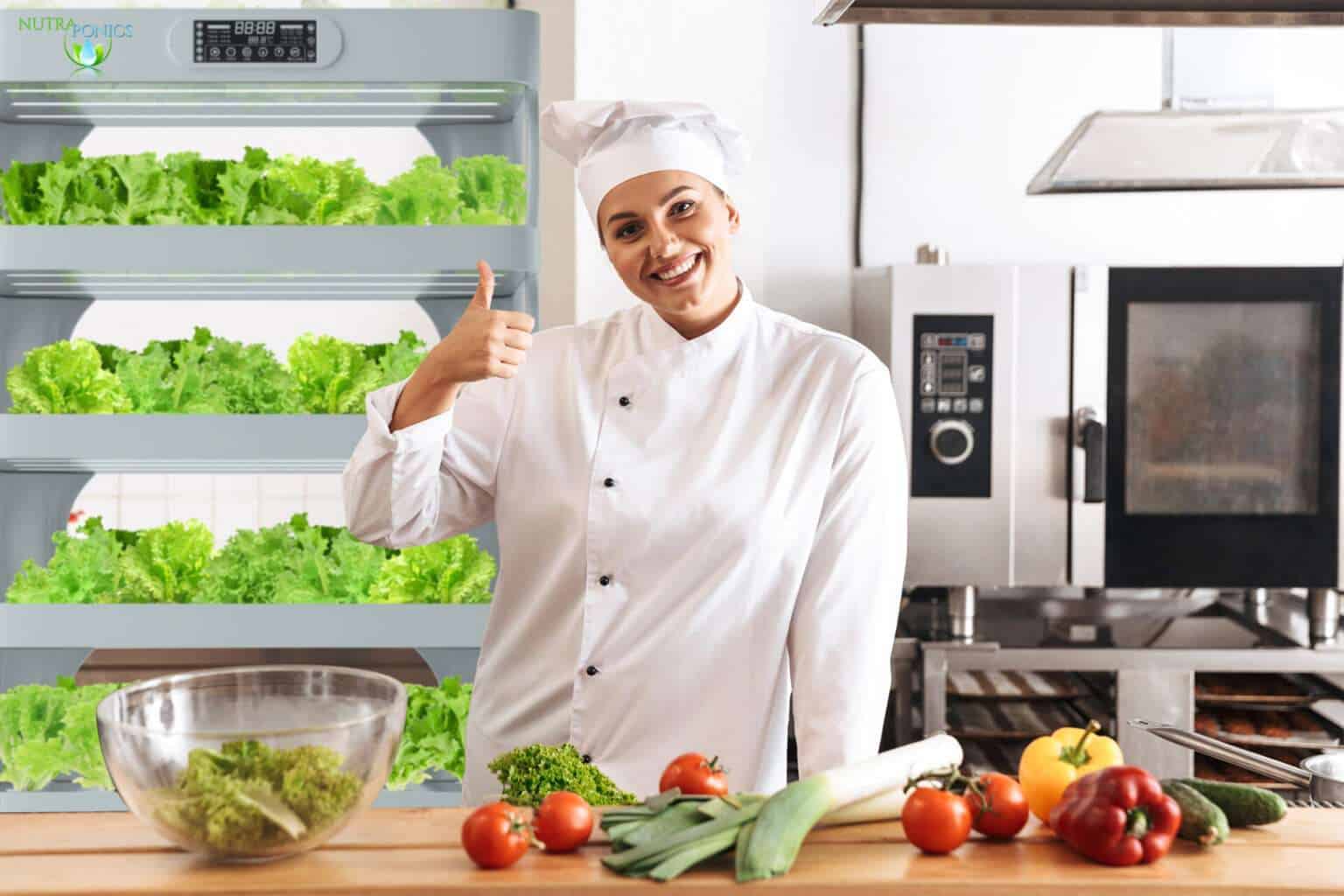 Photo of happy woman chef wearing white uniform cooking meal