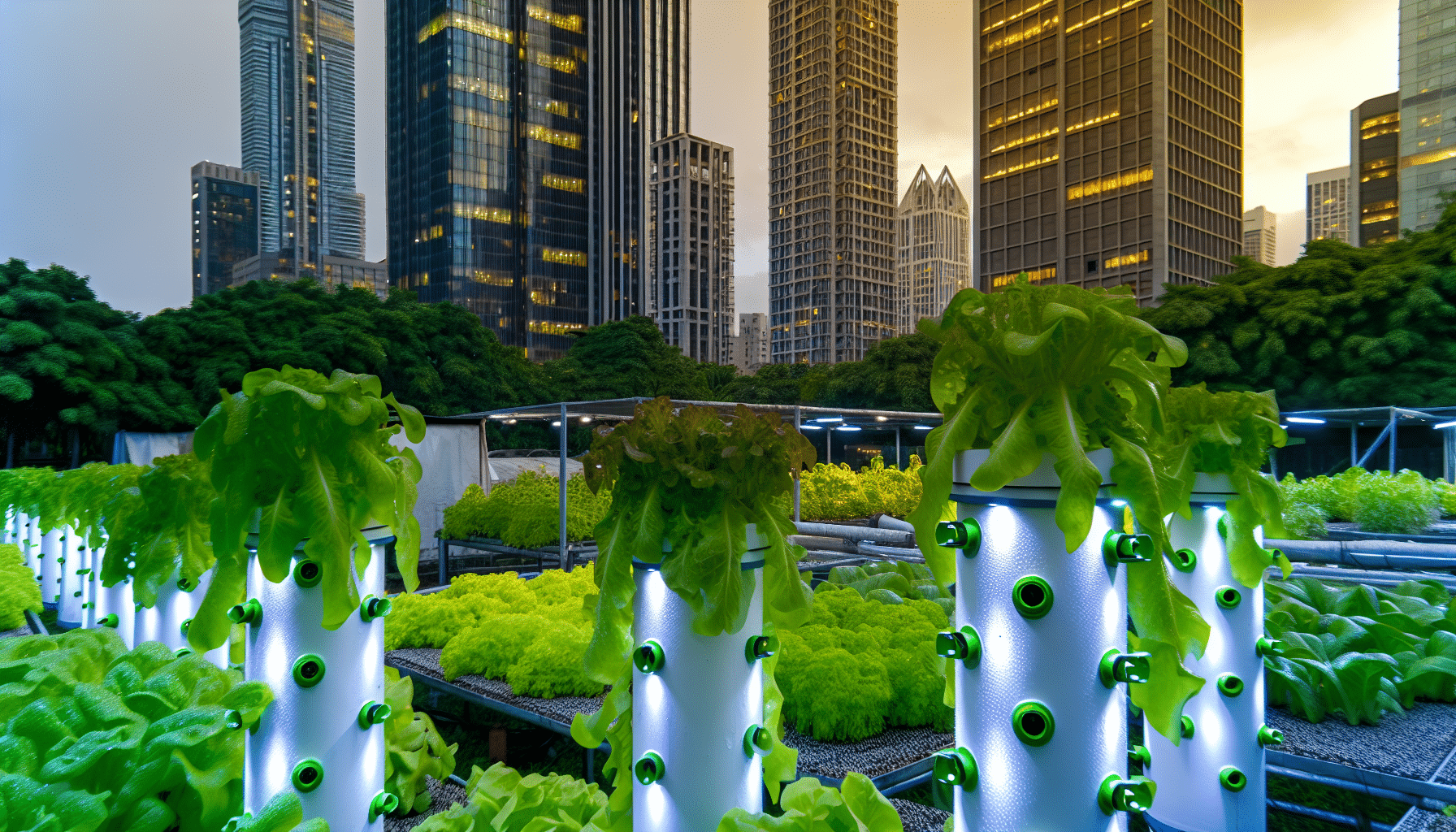 Aeroponic tower with LED lights in urban setting