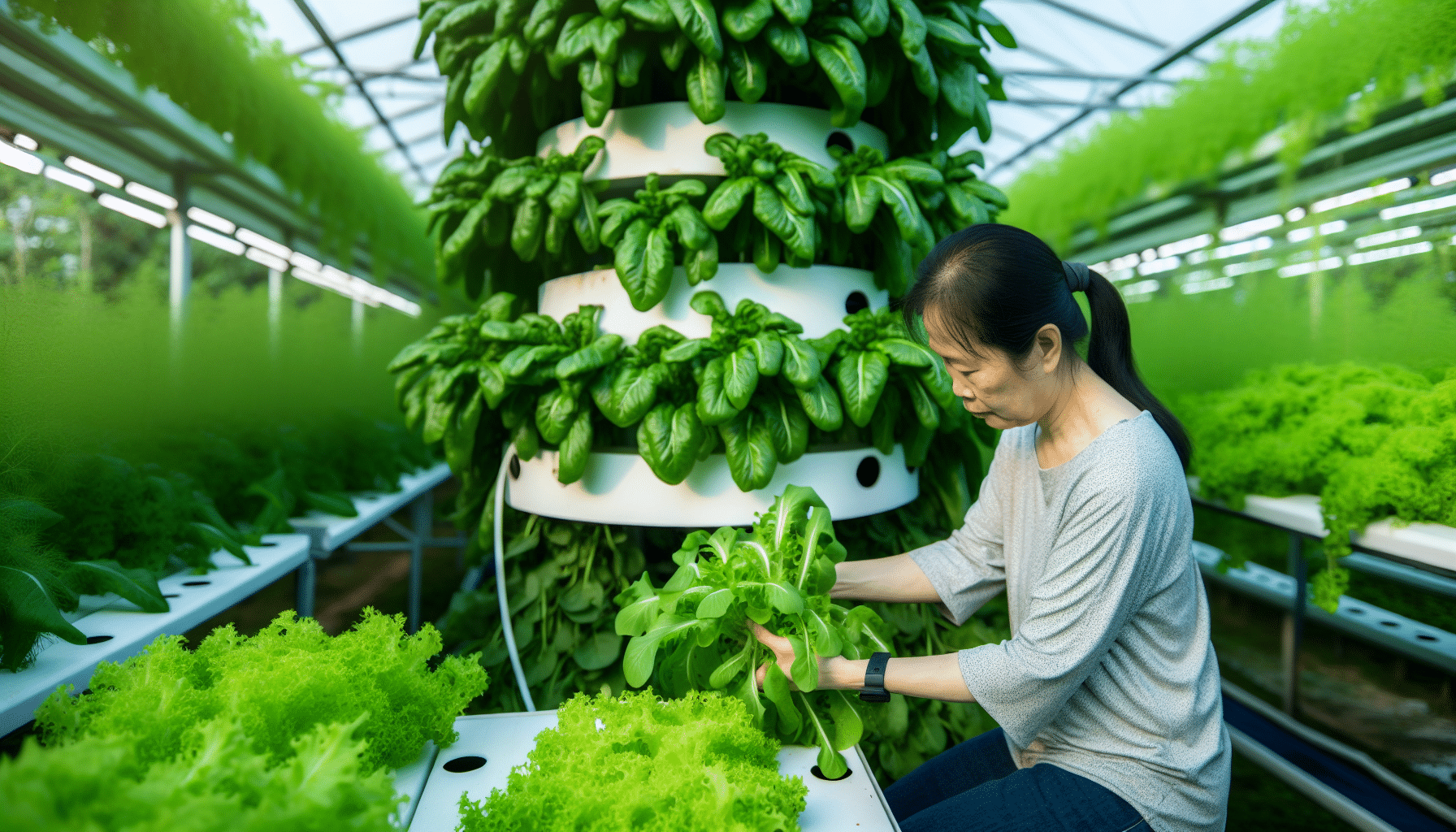 Harvesting fresh leafy greens from hydroponic garden tower (Illustration)