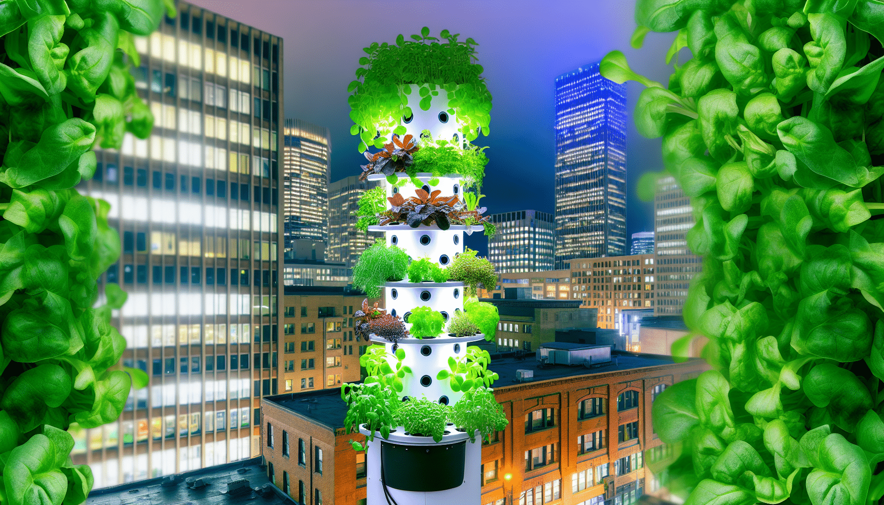 Environmental benefits of aeroponic tower with LED lights