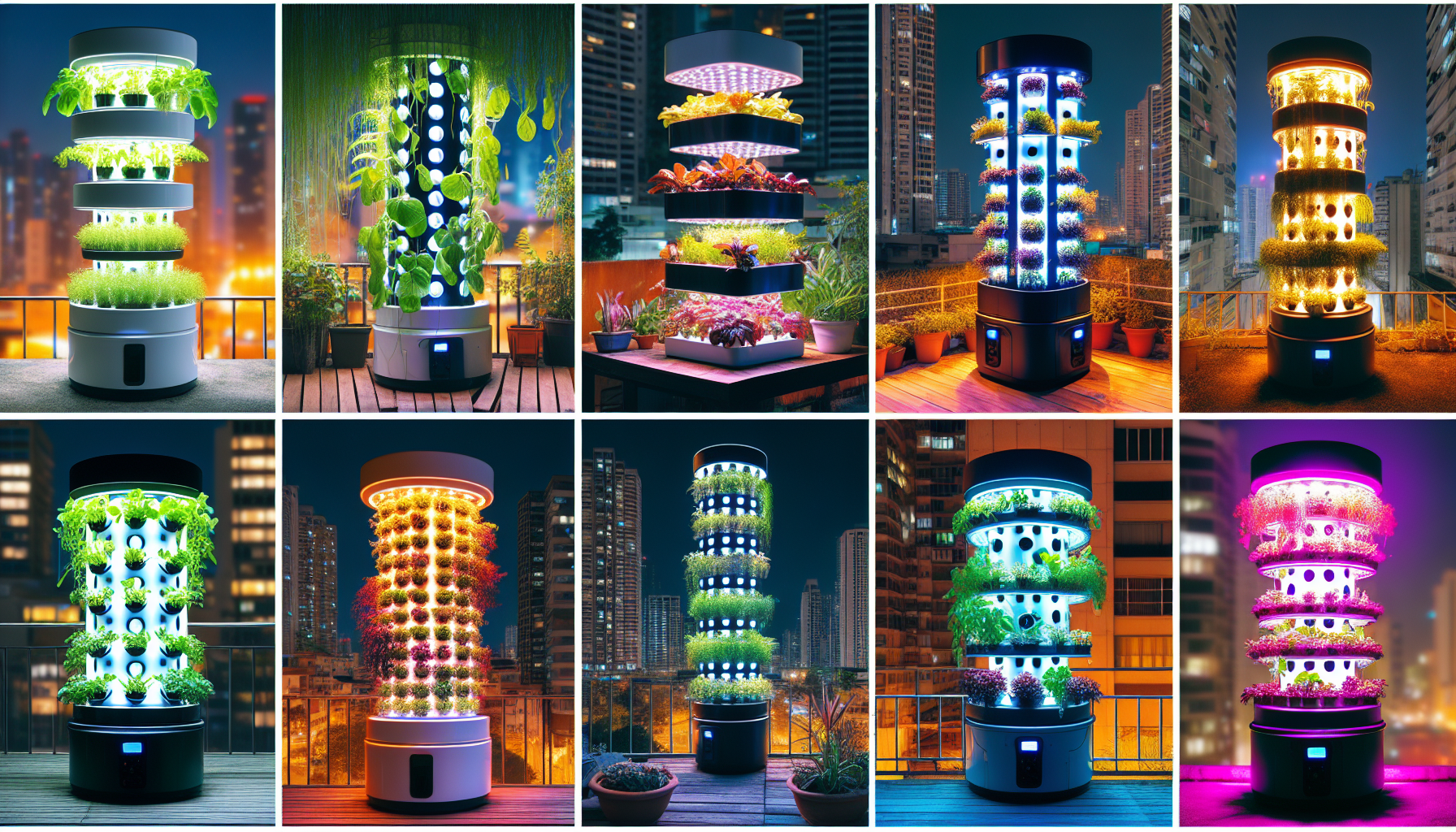 Various aeroponic tower systems with LED lights