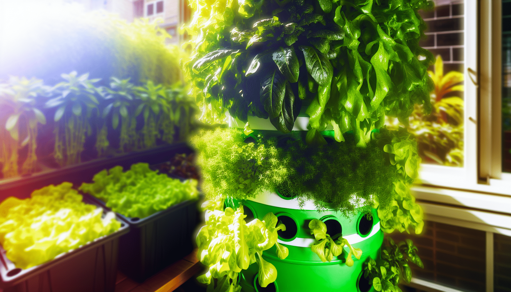 A vibrant hydroponics tower garden with various leafy greens and herbs