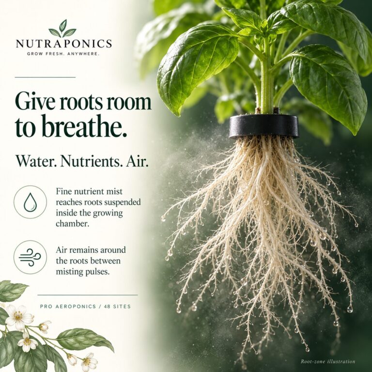 Basil roots growing in air inside an aeroponic root chamber.