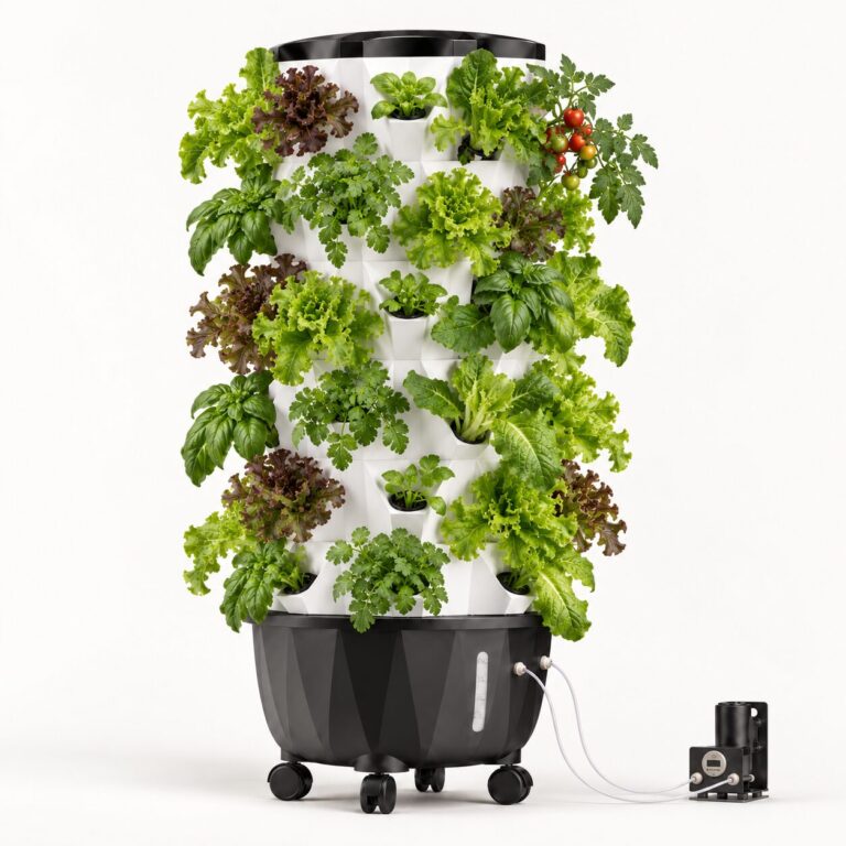 Nutraponics Pro AeroTower aeroponic tower garden with 48 planting sites.