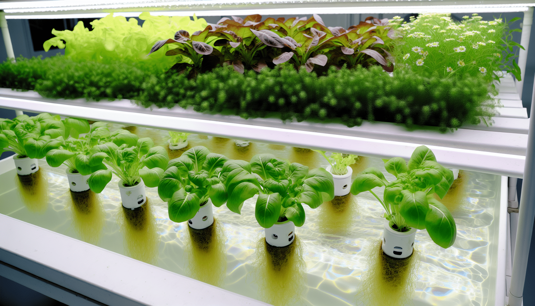 Hydroponic garden with plants growing in nutrient-rich water solution