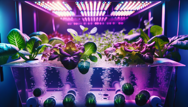Deep water culture (DWC) system growing leafy greens and cucumbers.