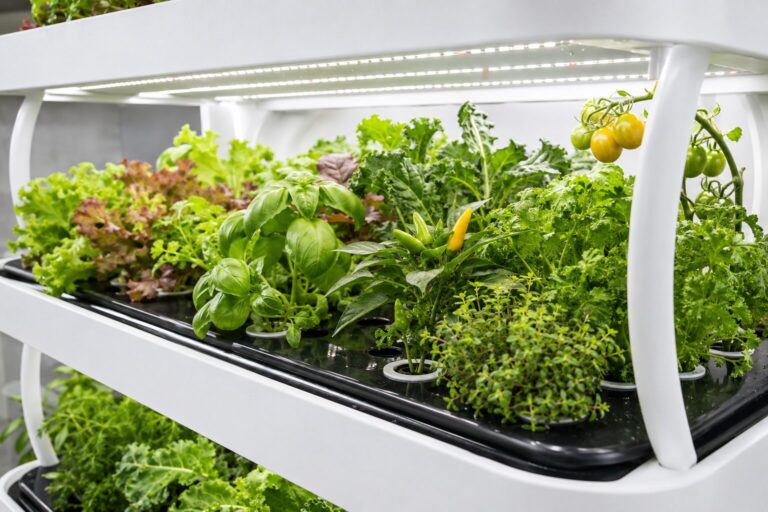 Lettuce, basil, kale and tomatoes growing in a Nutraponics tray under integrated LED light.