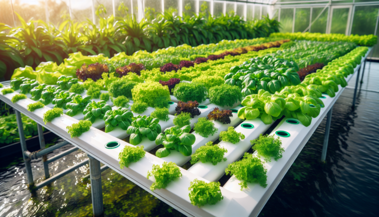 Nutrient film technique (NFT) system growing leafy greens and herbs.