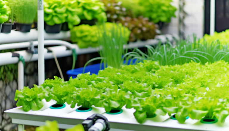 Leaf lettuce, herbs and green onions growing in hydroponic channels.