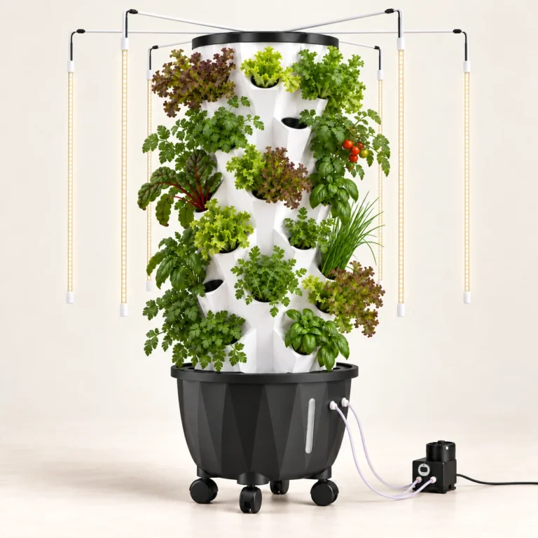 A white aeroponic tower planted with herbs, leafy greens and tomatoes, lit by vertical LED bars.