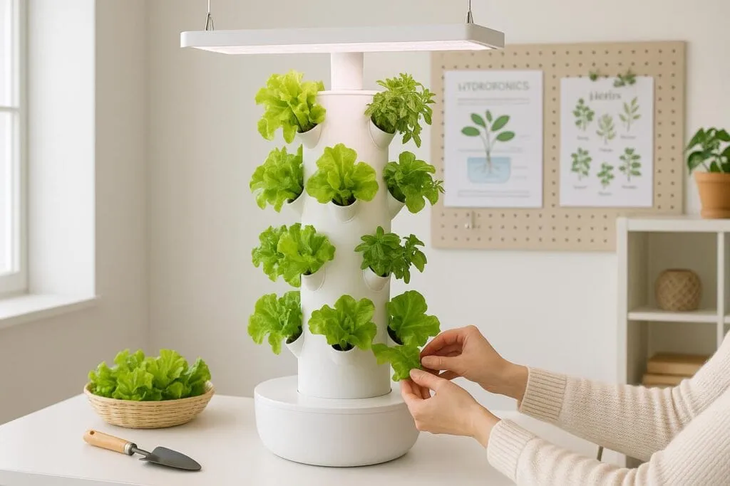Beginner-friendly hydroponic tower system with fresh lettuce and herbs growing in modern home kitchen setup