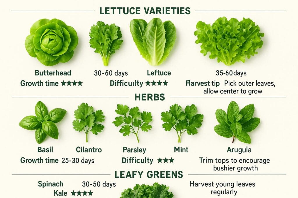 Best plants for hydroponic gardening beginners including lettuce varieties herbs and leafy greens with growth times
