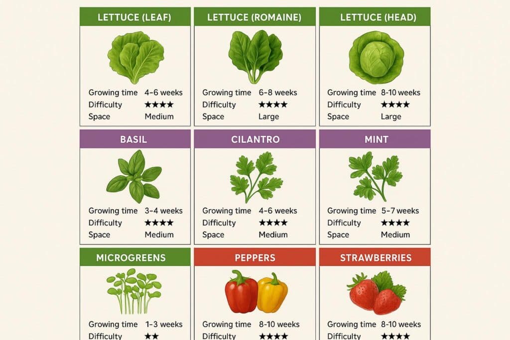 Hydroponics Growing Systems Visual guide to the best plants for indoor growing including lettuce varieties, herbs like basil and cilantro, microgreens, and small fruiting plants