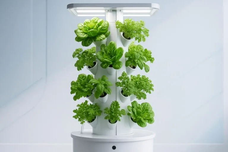 A white hydroponic tower with lettuce growing from every planting pocket.