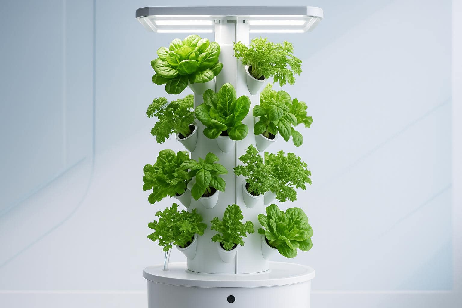Modern hydroponic tower system with fresh leafy greens growing in vertical tiers under LED lights