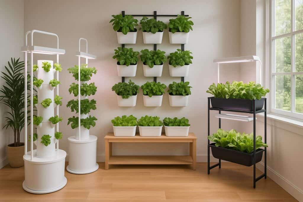 Hydroponics Growing Systems Modern indoor garden setup with vertical tower gardens, wall-mounted planters, and container gardens growing fresh herbs and vegetables under LED lights