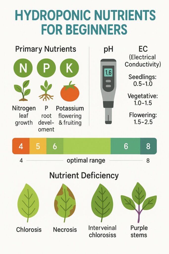 Hydroponic nutrients guide for beginners showing NPK primary nutrients pH scale and EC meter readings