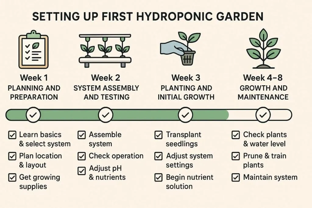 Step-by-step timeline for setting up first hydroponic garden from planning to harvest in 8 weeks