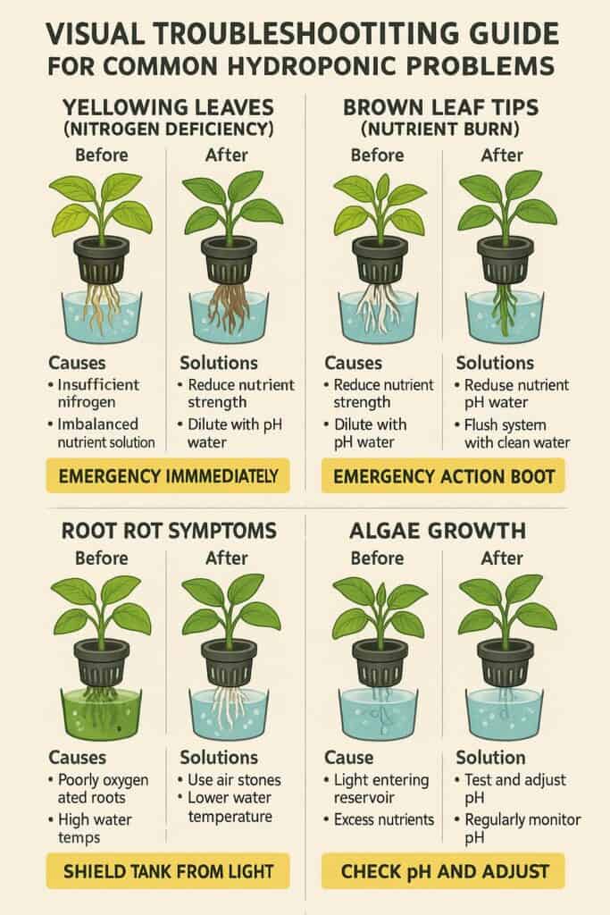 Hydroponics Growing Systems Visual troubleshooting guide for common hydroponic problems with before and after plant photos