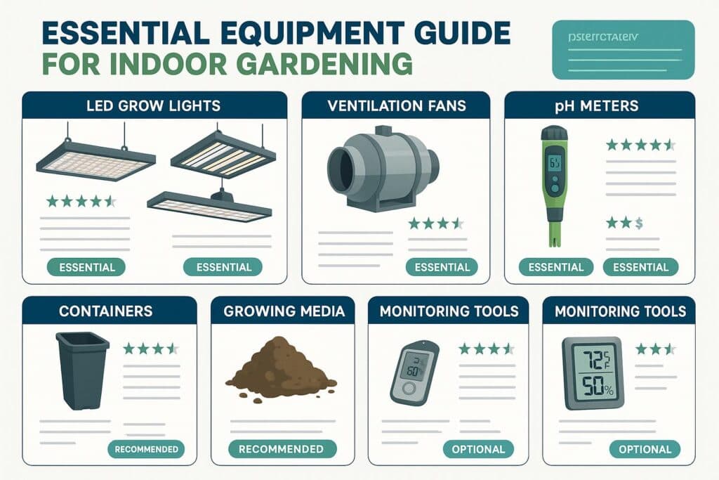Hydroponics Growing Systems Essential equipment guide for indoor gardening showing LED grow lights, ventilation fans, pH meters, containers, and monitoring tools with ratings