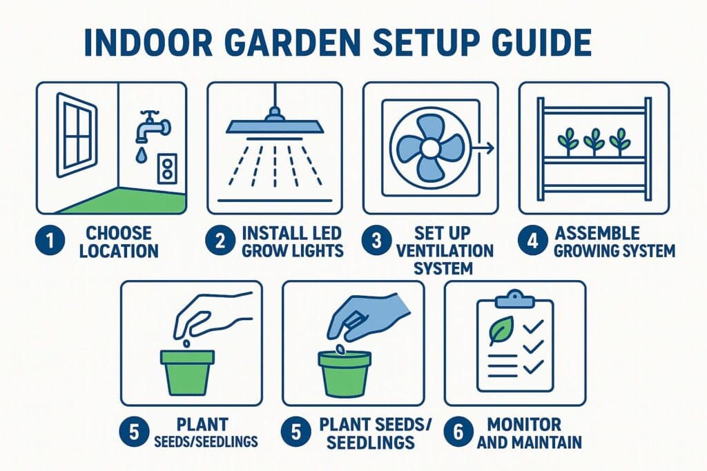 Hydroponics Growing Systems Step-by-step indoor garden setup guide showing 6 main steps from choosing location to monitoring and maintenance