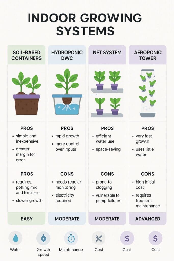 Hydroponics Growing Systems Comparison chart of indoor growing systems showing soil-based containers, hydroponic DWC, NFT system, and aeroponic tower with pros, cons, and difficulty ratings