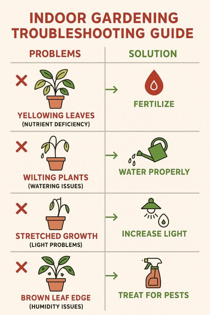 Hydroponics Growing Systems Indoor gardening troubleshooting guide showing common problems like yellowing leaves, wilting plants, and stretched growth with solutions