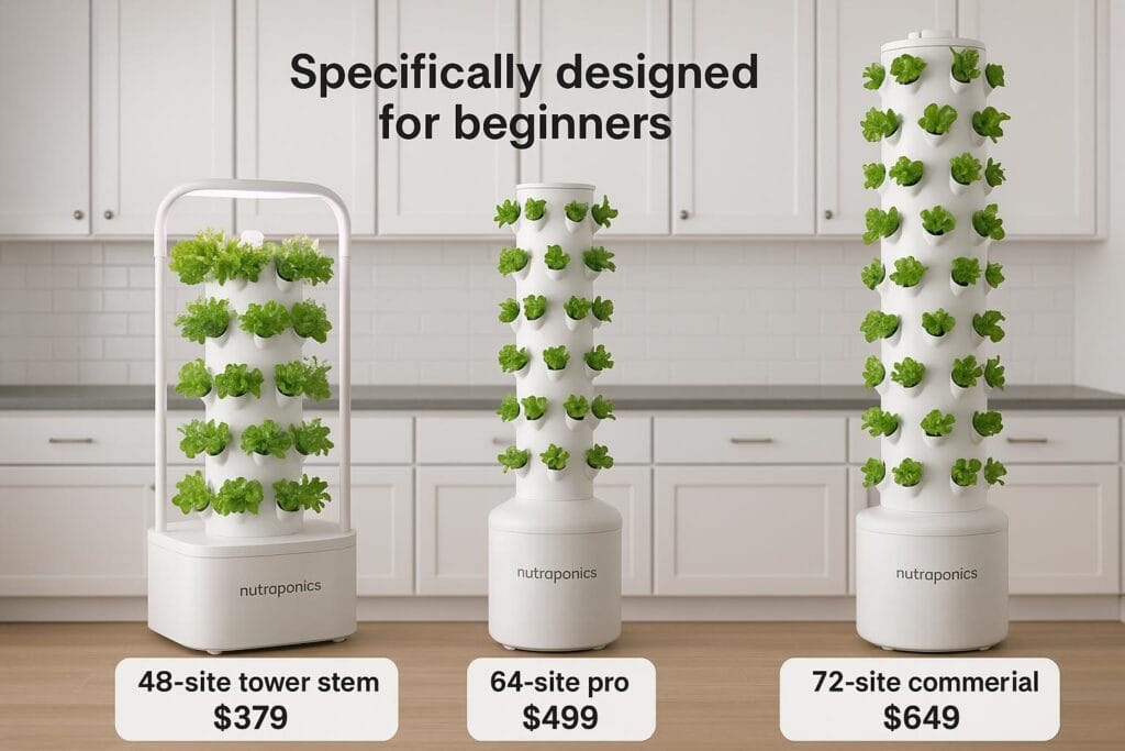 Nutraponics hydroponic tower systems designed for beginners with 48-site 64-site and 72-site capacity options