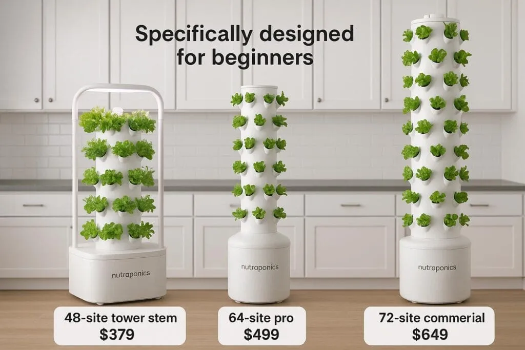 Nutraponics hydroponic tower systems designed for beginners with 48-site 64-site and 72-site capacity options