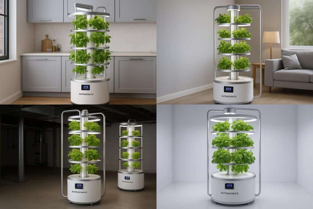 Hydroponics Growing Systems Modern Nutraponics tower garden systems in various indoor settings including kitchen, living room, and dedicated grow spaces