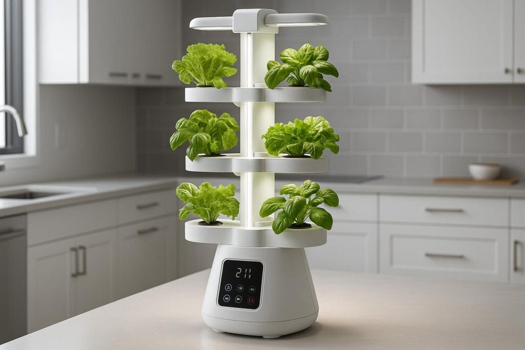 Hydroponics Growing Systems Modern Nutraponics hydroponic tower system with LED lighting and digital controls in a kitchen setting