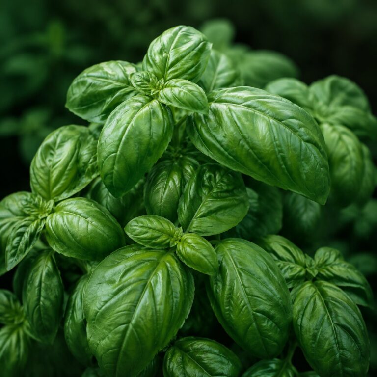 Close-up of glossy green basil leaves.