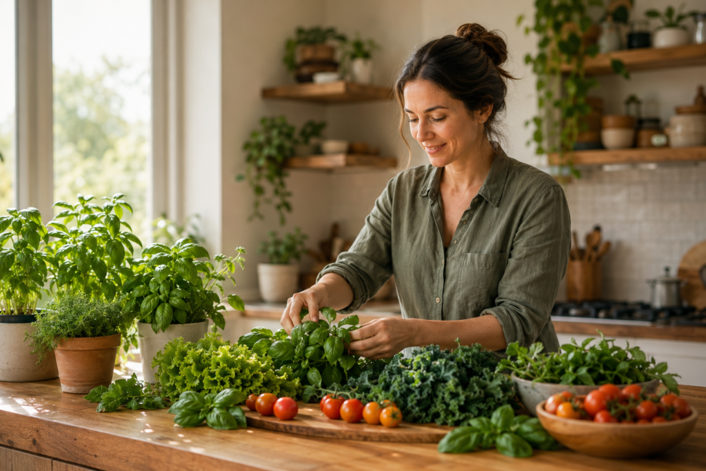 Home grower arranging fresh herbs and vegetables in a warm kitchen