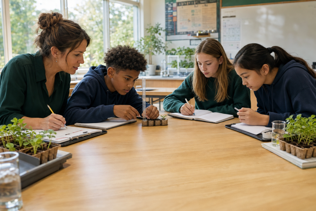 Teacher and students recording seedling growth in a science classroom