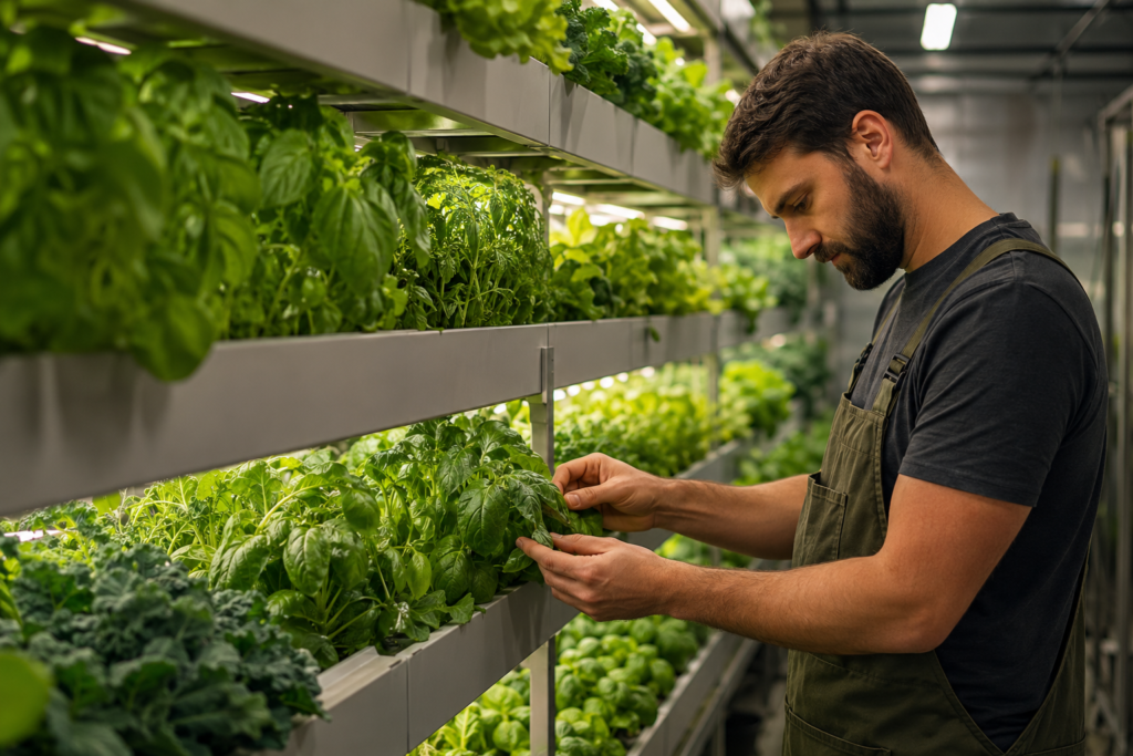 Grower inspecting healthy leafy greens in a clean indoor farm