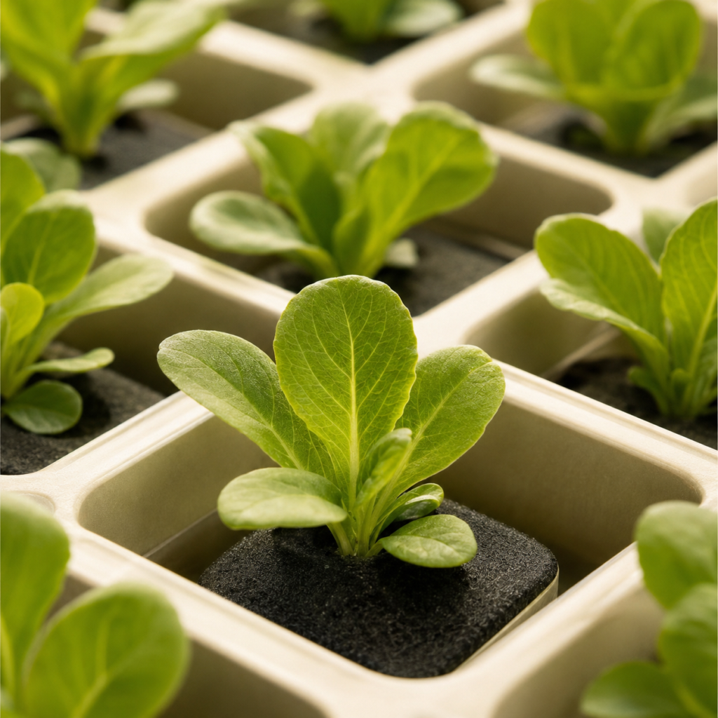 Young leafy-green seedlings growing in reusable propagation cells