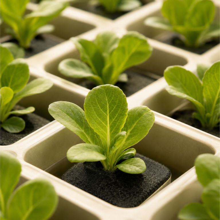 Young leafy-green seedlings growing in reusable propagation cells.