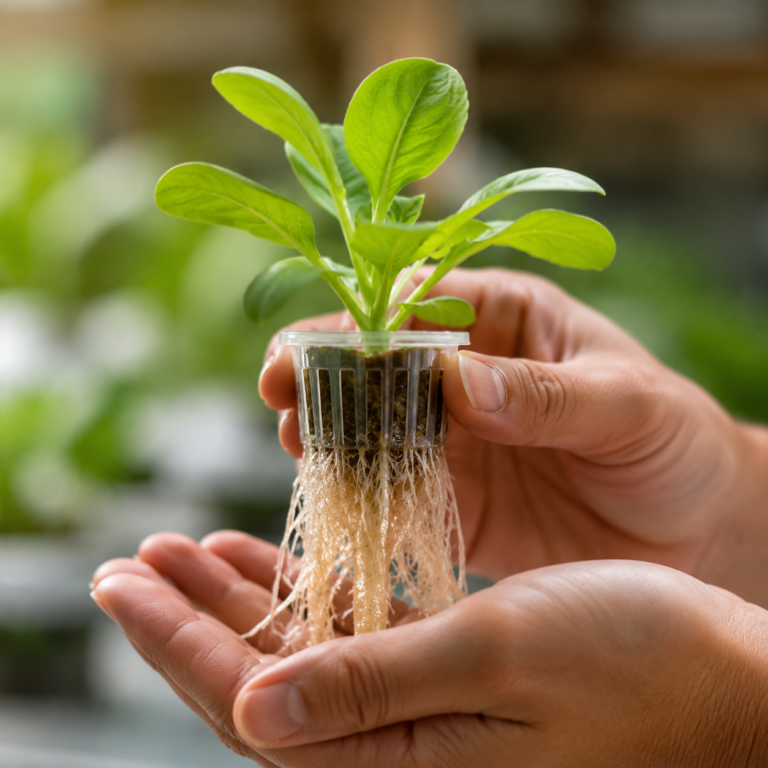 Hands holding a seedling in a net cup with its roots visible below.