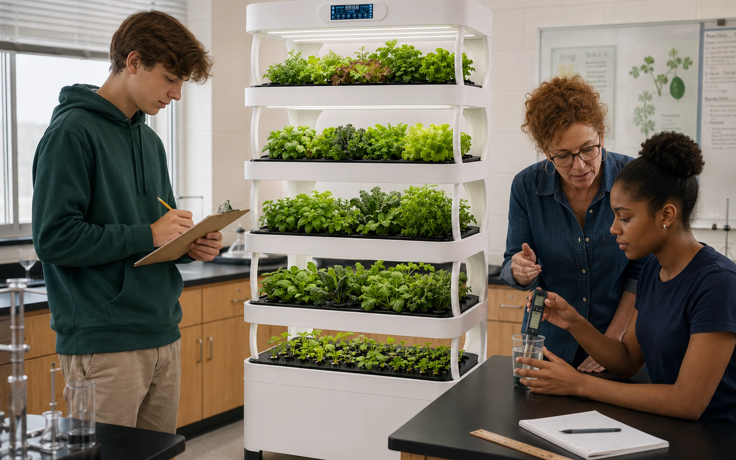 Teacher guiding students beside a Nutraponics classroom hydroponic growing system.