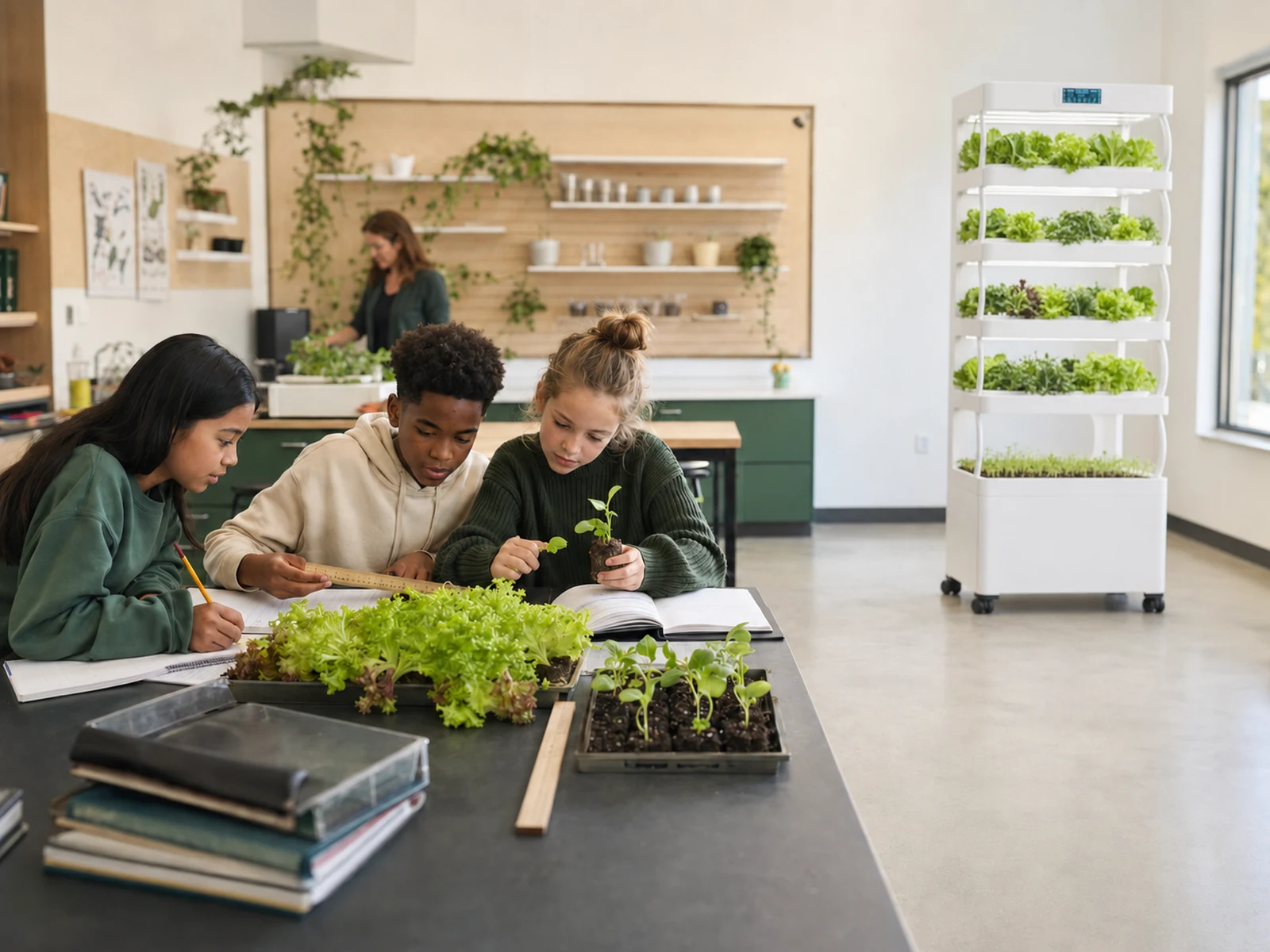 Students and an educator planning a classroom hydroponics program.