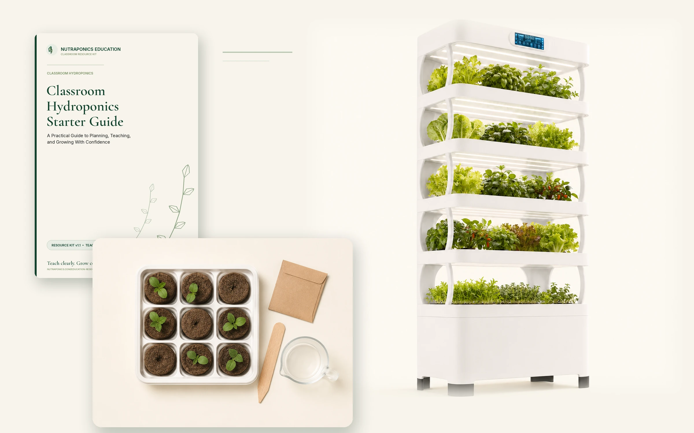 Nutraponics classroom hydroponics system with educator resources and seed-starting materials.
