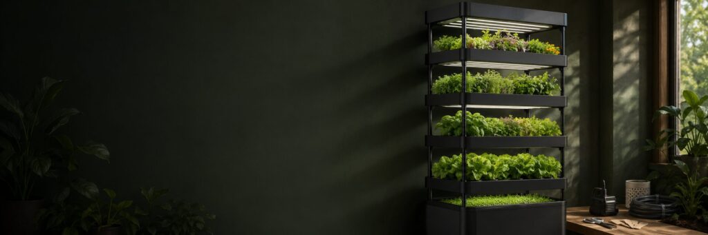Nutraponics grow shelf with fresh greens in a calm home