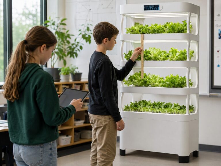 Student recording plant observations beside a hydroponic shelf