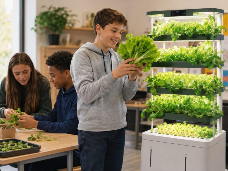 Class harvesting greens from a hydroponic tower