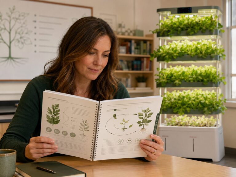Printed hydroponics curriculum materials beside a classroom tower
