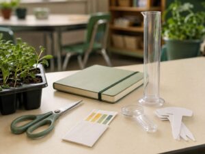 Classroom hydroponics supplies laid out on a desk