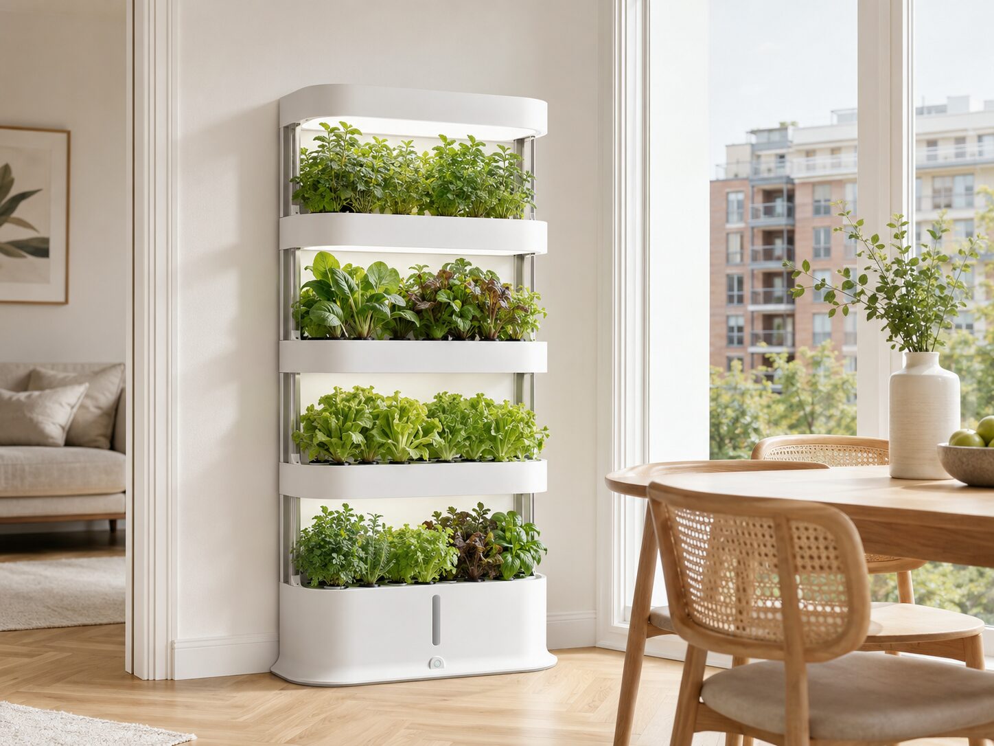Hydroponics Growing Systems Compact hydroponic tower in a small apartment dining nook