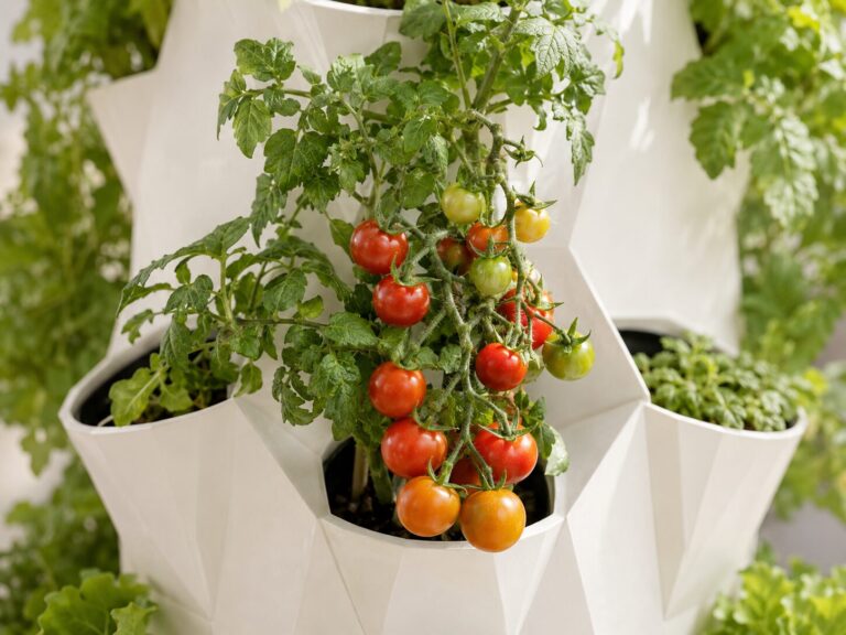 A compact hydroponic cherry tomato vine.