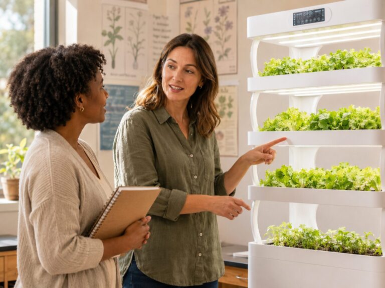 Educators discussing classroom growing beside a hydroponic shelf system