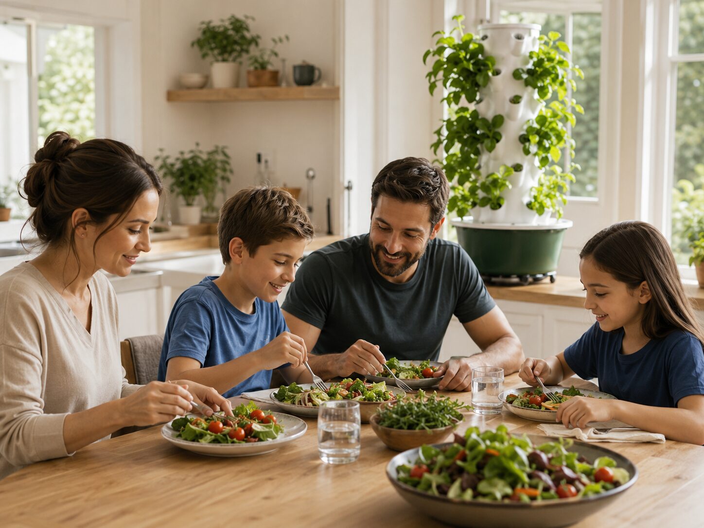 Hydroponics Growing Systems Family sharing dinner beside a hydroponic tower garden